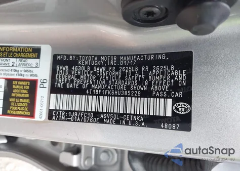 2017 Toyota Camry Le from USA, damaged, VIN 4T1BF1FK6HU385229